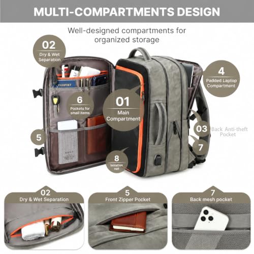 40L Travel Backpack for Men, PU Leather Carry On Backpack Flight Approved with Laptop Sleeve, Expandable Travel Bags for College Travel (Grey) - color: Grey