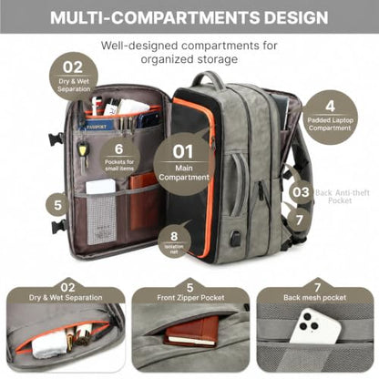 40L Travel Backpack for Men, PU Leather Carry On Backpack Flight Approved with Laptop Sleeve, Expandable Travel Bags for College Travel (Grey) - color: Grey