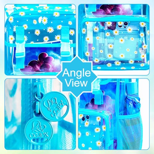 3Pcs Clear Backpack for Girls, School Kids Transparent Bookbag Set, 17" Daisy Stadium Approved See Through Backpack with Lunch Box (Blue) - color: Blue Daisy01