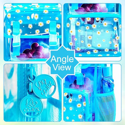 3Pcs Clear Backpack for Girls, School Kids Transparent Bookbag Set, 17" Daisy Stadium Approved See Through Backpack with Lunch Box (Blue) - color: Blue Daisy01