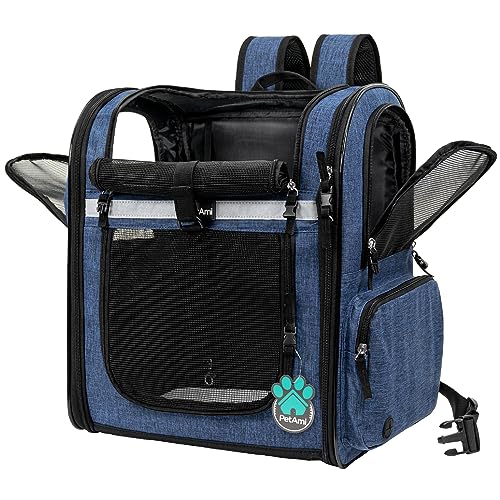 PetAmi Dog Backpack Carrier for Cats and Small Dogs, 4-Way Entry Ventilated Pet Carrier for Hiking Travel, Foldable Top with Sherpa Bed, Reflective and Poop Bag Dispenser, Up to 18 lbs, Navy Blue - color: Navy Blue