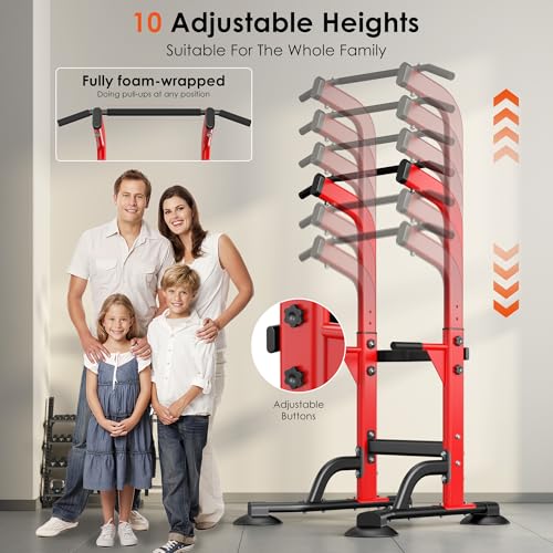 SogesPower Power Tower Dip Station Pull Up Bar for Home Gym Adjustable Height Strength Training Workout Equipment,Pull Up Bar Station - color: Red
