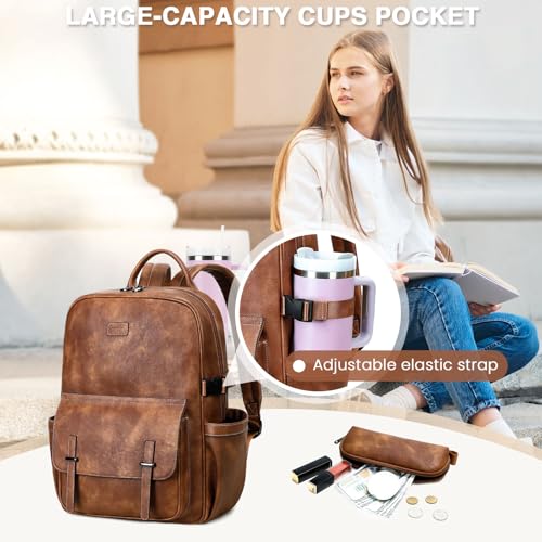 Vegan Leather Laptop Backpack for Women Designer 15.6 Inch PU Laptop Bag, Ladies Travel Computer Work Backpack - color: Brown