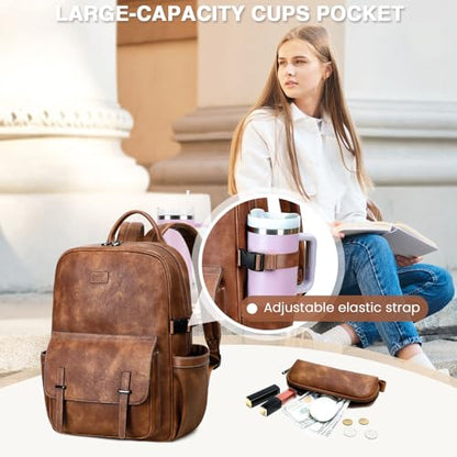 Vegan Leather Laptop Backpack for Women Designer 15.6 Inch PU Laptop Bag, Ladies Travel Computer Work Backpack - color: Brown