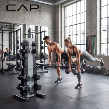 CAP Rubber Coated Hex Dumbbell Set with Storage Rack | 100–210 lb Options, Space-Saving Vertical Compact Storage for Home Gym Strength Training - size: 210 lb - Set - Silver Rack, style: Comfort Handle