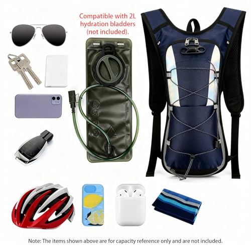 Sadnyy 2 Pcs Hydration Backpack Hiking Water Backpack for 2l Waterbag(Waterbag Not Included), Reflective Lightweight Cycling Daypack with Helmet Net Bag for Biking, Running, Skiing - color: Dark Blue, Black