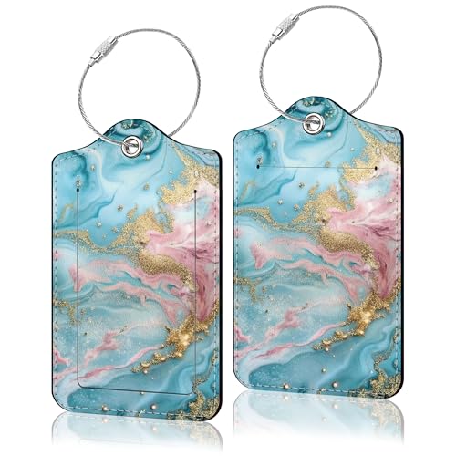 2 Pack Luggage Tag for Suitcase, Cute Unique Leather Suitcase Tags Identifiers with Privacy Name Address Labels & Durable Steel Loop for Women Men Travel - color: Blue-pink Grain