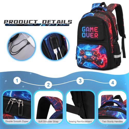 Scothen 3PCS Boys Backpack Set, Cool Backpack for Boys with Lunch Bag & Pencil Case, Kids School Bag Teen Boy Bookbag for Kindergarten Elementary Middle School with USB Charging Port - color: Futuristic Red & Blue Lightning