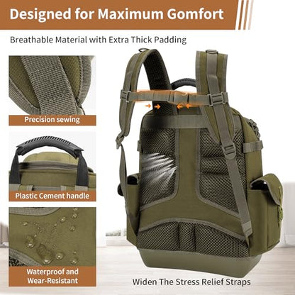 BLISSWILL Tool Bag Backpack for men,Heavy Duty Tool Backpack Bag with Waterproof Molded Base，62 Pockets/40 Loops Heavy Duty Tools Organizer Bags/Electrician/Industrial/Construction Work Backpack - color: Dark Khaki