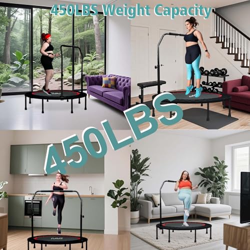 RAVS Mini Trampoline for Kids Adults 40"/48" Foldable Fitness Rebounder Kids Trampoline with 5 Levels Height Adjustable Handle Resistance Bands Indoor Workout - size: 48-inch