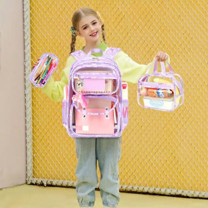 ACESAK Clear Backpack for Girls - 3 Pcs Clear Backpack Heavy Duty with Lunch Bag - See Through Bookbag Stadium Approved for Kids Middle High College School(Purple) - color: Purple