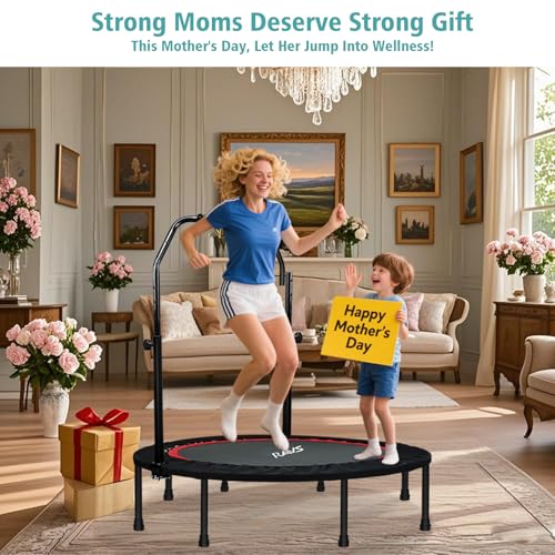 RAVS Mini Trampoline for Kids Adults 40"/48" Foldable Fitness Rebounder Kids Trampoline with 5 Levels Height Adjustable Handle Resistance Bands Indoor Workout - size: 48-inch