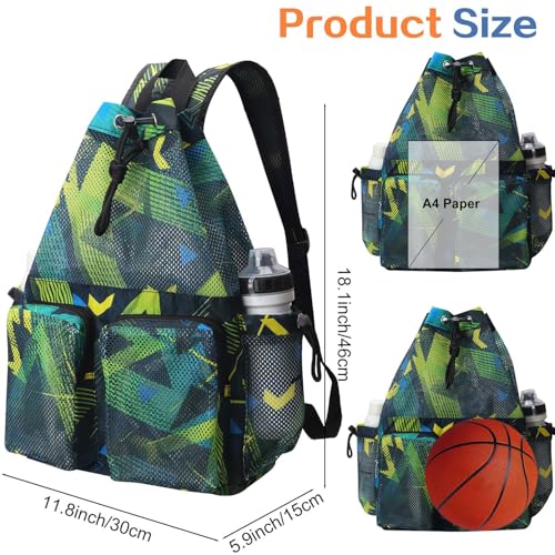 RHCPFOVR Mesh Swim Bags for Swimmers - Drawstring Backpack for Women Men Swim Team Gear Beach Gym Bag Sports - color: Green Geometric Patterns, style: Green Geometric Patterns