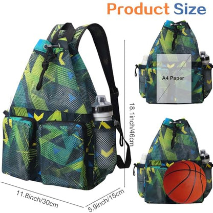 RHCPFOVR Mesh Swim Bags for Swimmers - Drawstring Backpack for Women Men Swim Team Gear Beach Gym Bag Sports - color: Green Geometric Patterns, style: Green Geometric Patterns