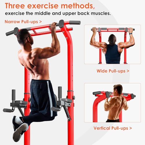 soges Power Tower Pull Up Bar Station, Dip Station for Home Gym, Height Adjustable Heavy Duty Strength Home Training Fitness Workout Equipment - color: Red