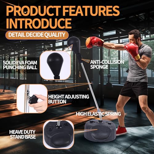 Stiatu Punching Bag with Stand, Heavy Boxing Bag Height Adjustable Reflex Bar and Speed Punching Bag for Adults & Youth, Home Gym Training Equipment for MMA Fitness Stress Relief - color: Black