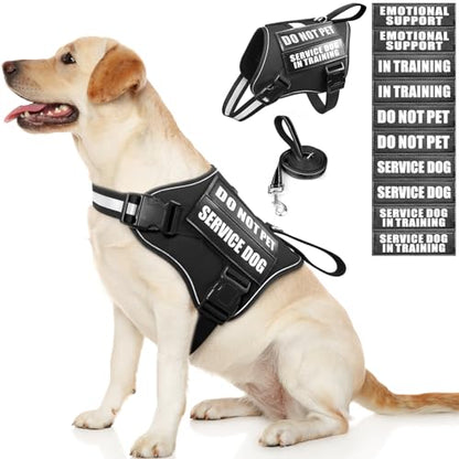 Service Dog Vest Harness and Leash Set+10 Patches,No Pull&Easy Walk Reflective Dog Harness with Soft Padded Handle for Training/Everyday,Fit Small/Medium/Large/Extra-Large Dogs (Black L) - color: Black, size: Large