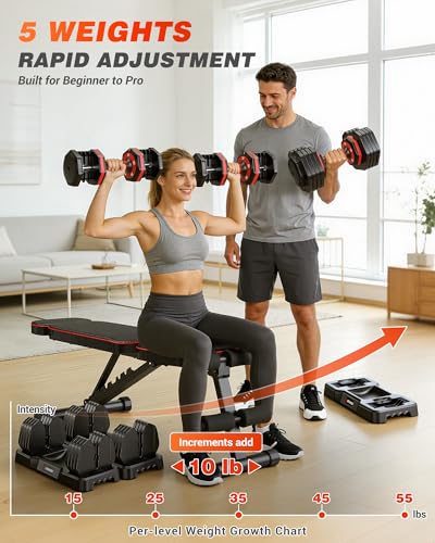 Rendpas Adjustable Dumbbells Set of 2, 5-in-1/10-in-1/16-in-1 Quick-Lock Hand Weights 25/55/80 lbs Pair, Anti-Slip Handle Free Weights Set for Home Gym Strength Training for Men Women - color: Classic Red-55LBS Pair-5 Weights