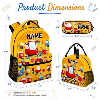 3PCS Personalized School Backpack for Boys Kids Toddlers Excavator Lovers; 17 Inch Kindergarten Construction School Bag with Lunch Box for Primary Students - color: Yellow