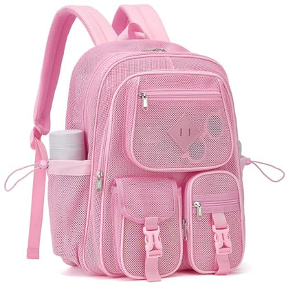 Pink Mesh Backpack for Girls Boys, Mesh Bookbags Heavy Duty Semi-Transparent School Bag for College, Travel, Beach, Swimming, Sports - color: Pink