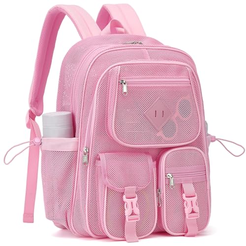 Pink Mesh Backpack for Girls Boys, Mesh Bookbags Heavy Duty Semi-Transparent School Bag for College, Travel, Beach, Swimming, Sports - color: Pink