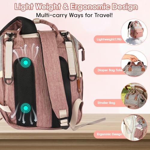 MosaiRudo Diaper Bag Backpack Baby Bag,Waterproof, Travel Diaper Bags with Pacifier Case for Baby Girl Boy Backpack for Women (Pink-Gray) - color: Pink-gray