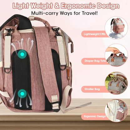 MosaiRudo Diaper Bag Backpack Baby Bag,Waterproof, Travel Diaper Bags with Pacifier Case for Baby Girl Boy Backpack for Women (Pink-Gray) - color: Pink-gray