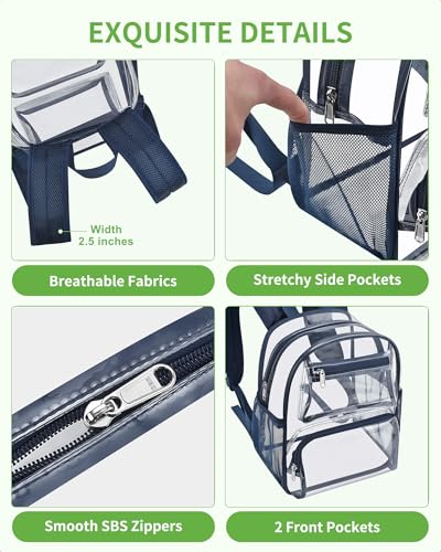 MAY TREE Small Clear Backpack Stadium Approved for Women and Men Clear Bag for Stadium Events Concert Sporting Festival, Navy - color: Navy-1, style: 2 Front Pocket-1
