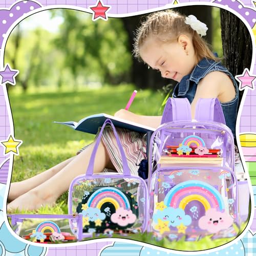 Paterr 3 Pcs Clear Backpack for Girls Rainbow Cloud Backpack with Lunch Bag Pencil Case for Kids Purple Heavy Duty PVC Transparent Bookbag See Through School Bag - color: Purple, style: Rainbow Cloud