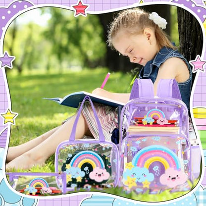 Paterr 3 Pcs Clear Backpack for Girls Rainbow Cloud Backpack with Lunch Bag Pencil Case for Kids Purple Heavy Duty PVC Transparent Bookbag See Through School Bag - color: Purple, style: Rainbow Cloud