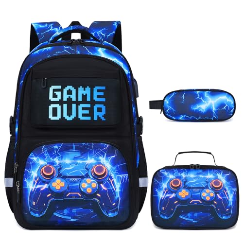 3PCS School Backpack for Boys, Cool Gamer Boys Backpack with Lunch Box and Pencil Case for Kids Kindergarten Teens Elementary Middle School Bag with Convenient Charging Port,Gaming Bookbag Waterproof - color: Blue Lightning