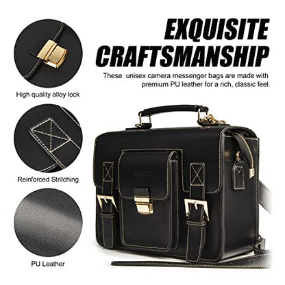Cwatcun 3-in-1 Retro Camera Bag, PU Leather Camera Crossbody/Backpack/Case - color: Black, size: Small