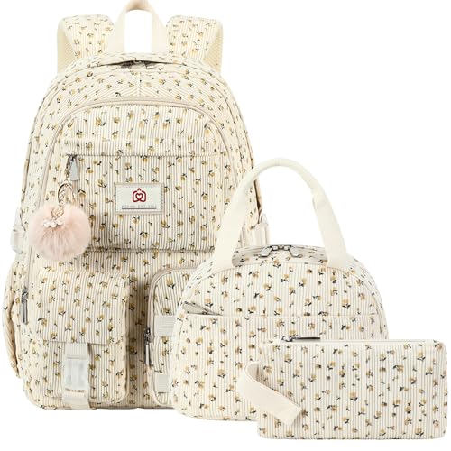 Hidds School Backpack with Lunchbox for Teens Girls Women 15.6 Inch Laptop College Backpacks with Lunch Bag Bookbag Set Corduroy Kids Elementary Middle High Bags Students Daypack - Beige Floral Set - color: 19-corduroy Beige Floral Set