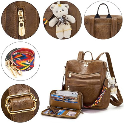 Soperwillton Women Backpack Purse Multipurpose Design Handbags Shoulder Bag PU Leather Travel bag Backpack Set 2pcs - color: Darkbrown