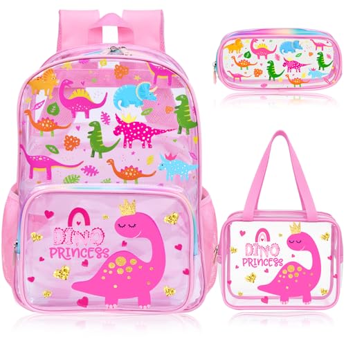 SHPMXUPW 3PCS Clear Pink School Backpack for Kids - Dinosaur Backpack for Girls 4-8, Heavy Duty Transparent Pink Bookbag with Lunch Bag and Pencil Case - See Through PVC Transparent Bookbag - color: Pink-Dinosaur
