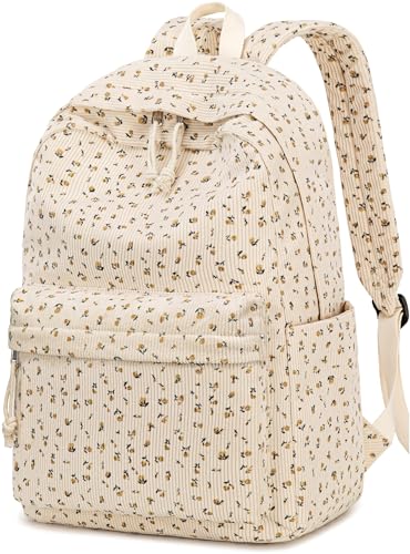 BTOOP School Backpack for Teens Large Corduroy Bookbag Lightweight 15.6 inch Laptop Bag for Girls Women Casual High School College - color: Floral-corduroy