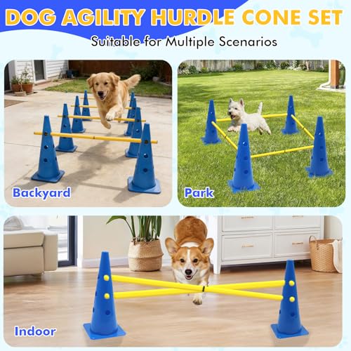 Wdmiya 18.9" Dog Agility Training Hurdle Cone Set, Dog Agility Course Backyard Set with Height Adjustable Crossbar, Dog Agility Equipment for Obedience, Rehabilitation, Starter - 12 Cones & 6 Poles