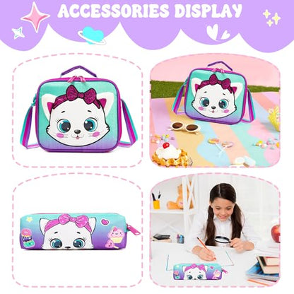 Meetbelify Kids School Backpacks for Girls Boys Backpack with Lunch Bag for Elmentary Students - color: 01 Purple Cat
