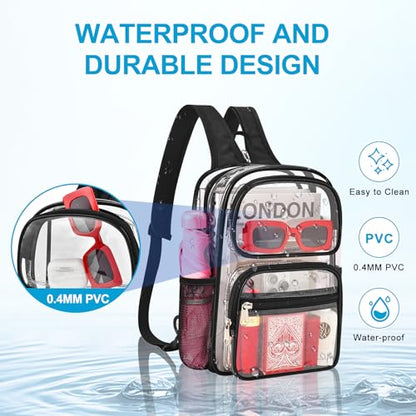 Busiuw Clear Backpack for Stadium Events 3 in 1 Clear Sling Crossbody Bag with Adjustable Reinforced Straps for Sports Fan, Concert Festivals and Games (Black)