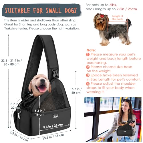 SlowTon Pet Dog Sling Carrier, Hands Free Hard Bottom Papoose Small Animal Puppy Up to 6 lbs Travel Bag Tote Breathable Mesh Support Adjustable Padded Strap Pocket Safety Belt(Widened Black) - color: Black