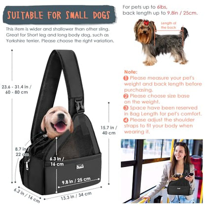 SlowTon Pet Dog Sling Carrier, Hands Free Hard Bottom Papoose Small Animal Puppy Up to 6 lbs Travel Bag Tote Breathable Mesh Support Adjustable Padded Strap Pocket Safety Belt(Widened Black) - color: Black
