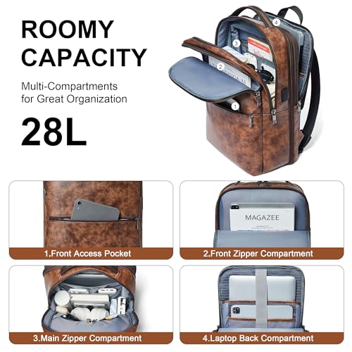 Shrrie Vegan Leather Laptop Backpack for Women&Men,16 Inch Expandable Backpack with USB Charging Port,Two-toned Brown - color: Two-toned Brown