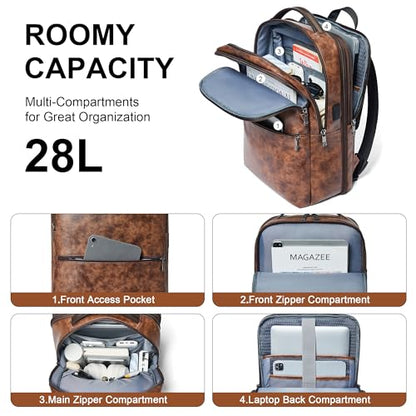 Shrrie Vegan Leather Laptop Backpack for Women&Men,16 Inch Expandable Backpack with USB Charging Port,Two-toned Brown - color: Two-toned Brown