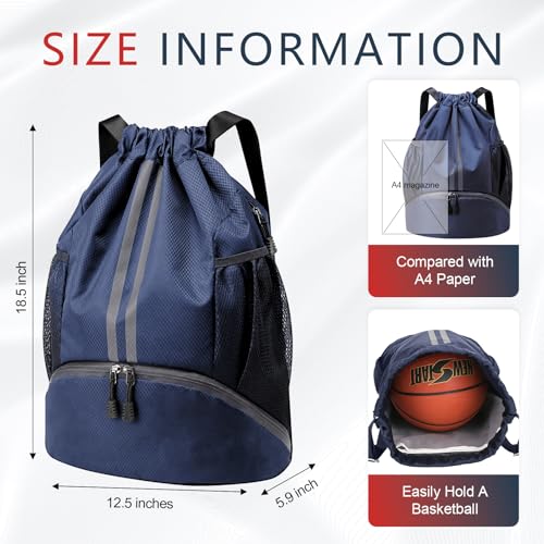 PinCute Drawstring Backpack for Women Men, Gym Bag for Soccer, Basketball, Swim, Beach, Water-Resistant Sports Backpack with Wet Pocket and Shoe Compartment, Navy Blue - color: Navy Blue