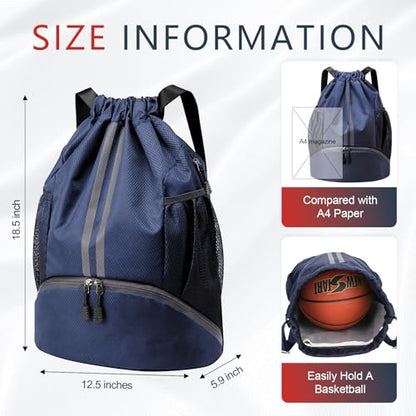 PinCute Drawstring Backpack for Women Men, Gym Bag for Soccer, Basketball, Swim, Beach, Water-Resistant Sports Backpack with Wet Pocket and Shoe Compartment, Navy Blue - color: Navy Blue