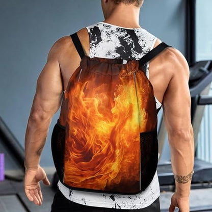 Drawstring Gym Backpack with Shoe Compartment And Wet Pocket, 28L Lightweight Waterproof Roaring Flame Sports Backpack for Workout Swim Beach Travel String Bag for Men Women