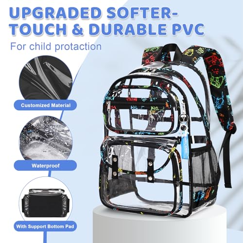 ACESAK Clear Backpack for Boys - 3 Pcs Clear Backpack Heavy Duty with Lunch Bag - See Through Bookbag Stadium Approved for Kids 3+ Age Middle High College School Sport Travel (Game) - color: Game