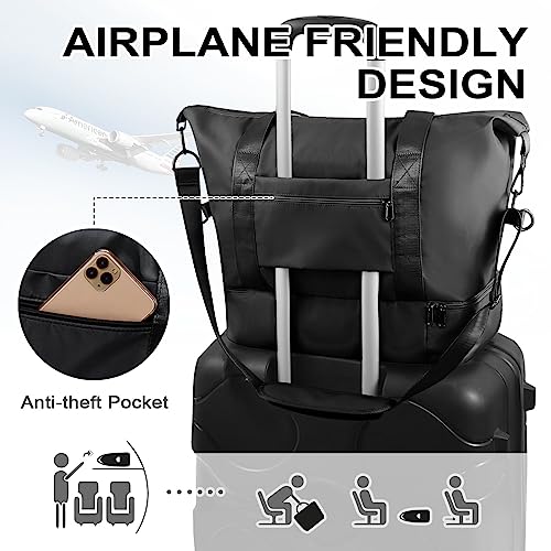 WOOMADA Weekender Bag for Women, Travel Duffel Bags with Shoe Compartment & Wet Pocket, Personal Item Bag for Airlines - color: Black