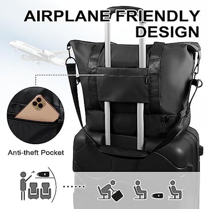 WOOMADA Weekender Bag for Women, Travel Duffel Bags with Shoe Compartment & Wet Pocket, Personal Item Bag for Airlines - color: Black