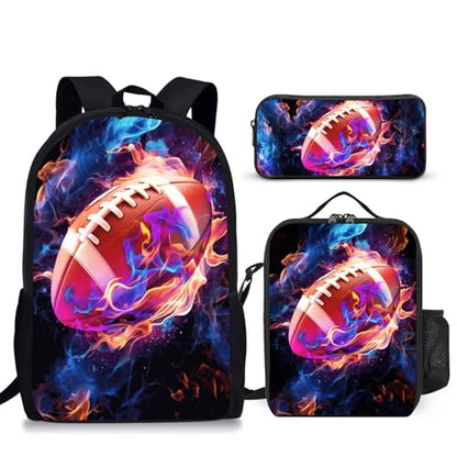 Football Backpack Set for School,17 Inch Casual School Bags with Lunch Box, Kids Daypack Bags and Pencil Case Set for Teens Boys Men Students - color: Football